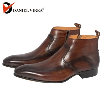 

Men Dress Leather Boots Basic Handmade Coffee Color Fashion Luxury Brand Lace-up Zip Ankle Men's Pointed Toe Dress Oxfords Shoes