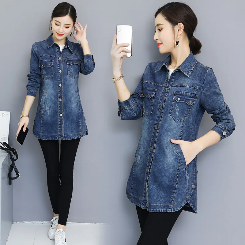 2019 Basic Long Jeans Coats Women Slim Ripped Denim Jacket Femme Elegant Vintage Frayed Jackets Outwear Casacos Feminino Clothes | Женская