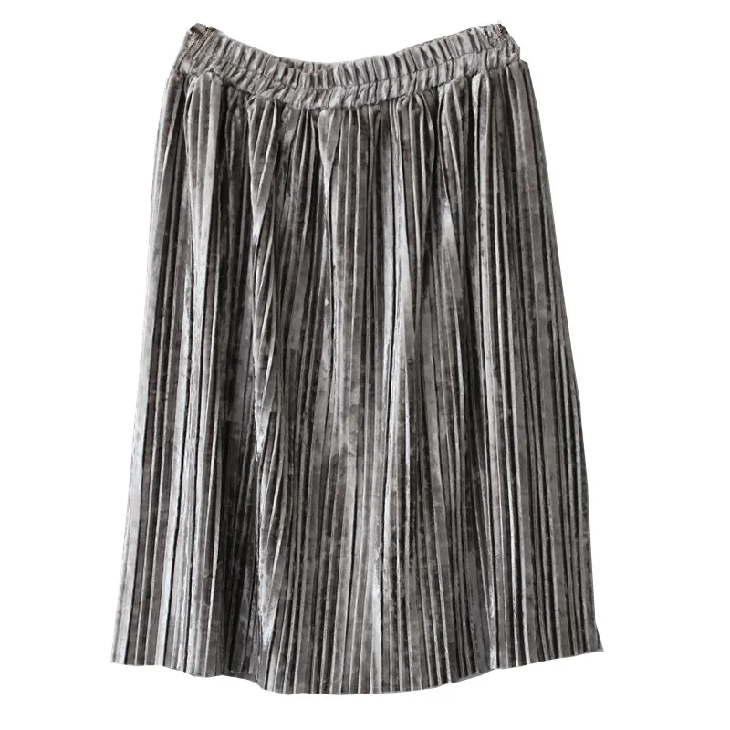 2022 NEW Winter style crushed velvet pleated skirt girls skirt for knee length A line skirt black pleated skirt Skirts