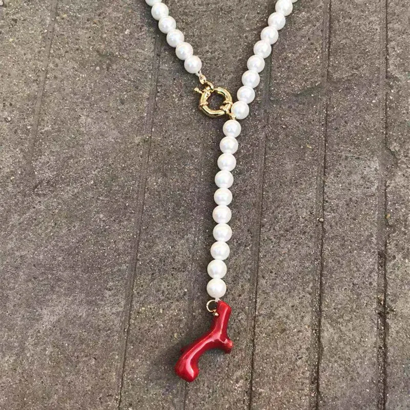 Колье Boho lariat en perles bleues et pendentif corail красная Коралловая подвеска ожерелья слоистые женские массивные Чокеры ожерелья