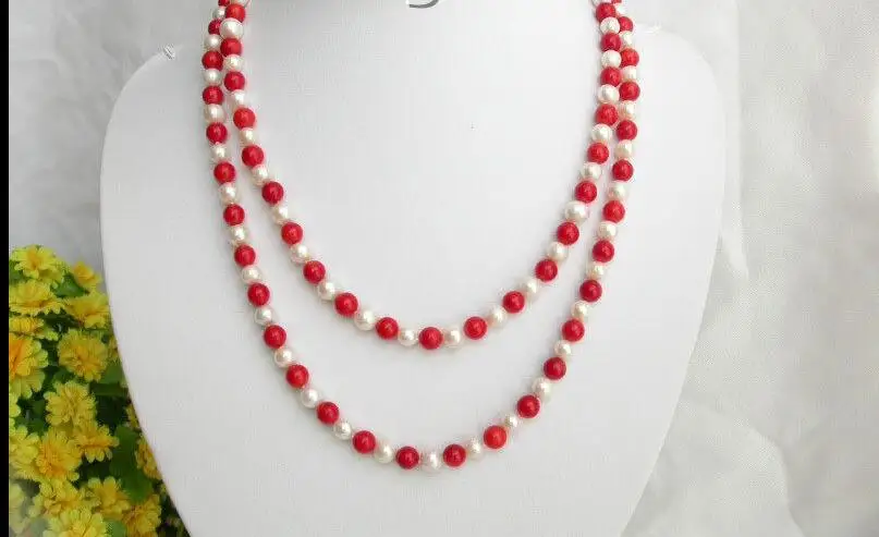 Natural Round Red Coral Pearl Necklace 