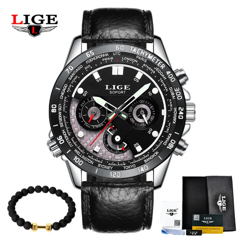 LIGE, модные спортивные мужские часы с хронографом, Топ бренд, Роскошные Кварцевые часы Reloj Hombre, мужские часы - Цвет: leather  black