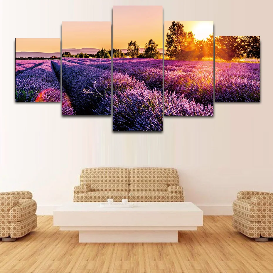 

Beautiful lavendar flower landscape sea 5 pieces HD prints picture modern mural wall decor Artwork modular poster living room