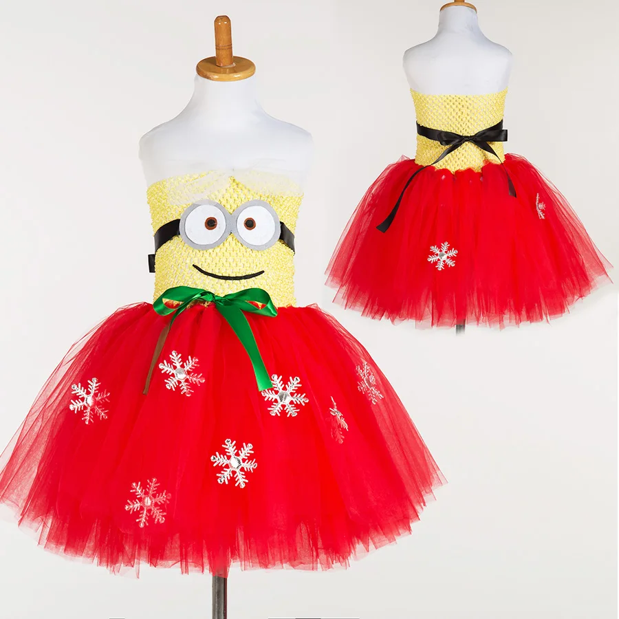 Summer Red & Yellow Despicable Me Pageant Girl Minion Tull Tutu Dress Snowflake Kid Size 2T-12T Infant Party Birthday Costume