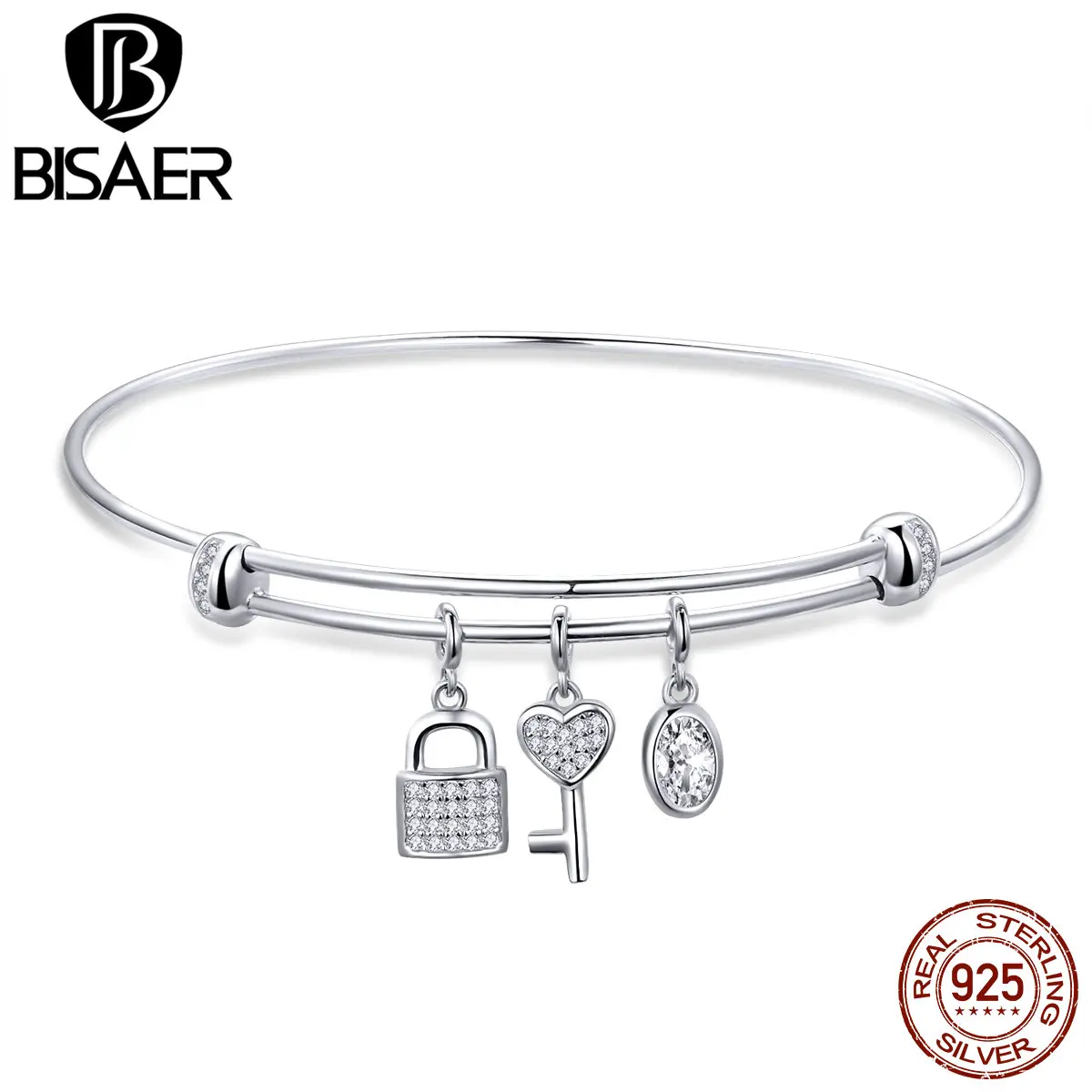 BISAER, 925 пробы, серебряные, любовь, обещанные, женские браслеты, серебряные, браслеты, любовь, сердце, ключ, болтаются, манжеты, браслеты, роскошные ювелирные изделия ECB119