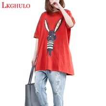 Lkghulo Топ Качественный хлопок с принтом "Кролик" Для женщин футболка Повседневное с О-образным вырезом Для женщин футболка дизайн Для женщин футболки плюс SizeA293