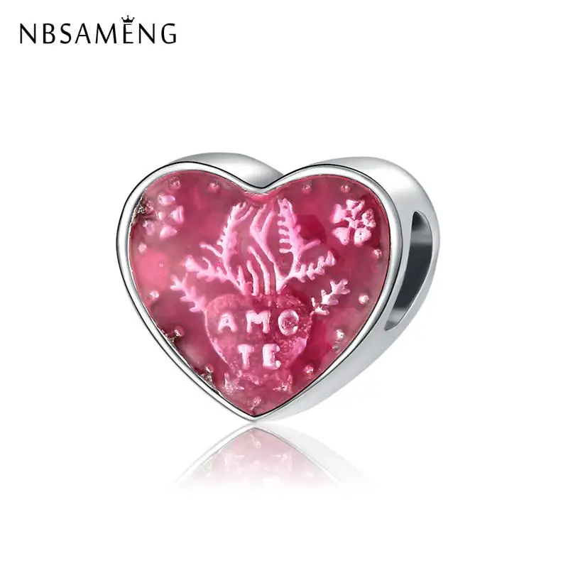 

Free Shipping Silver Plated Latin Love Heart Transparent Cerise Enamel Charms Fit Original Pandora Bracelets Women Diy Jewelry