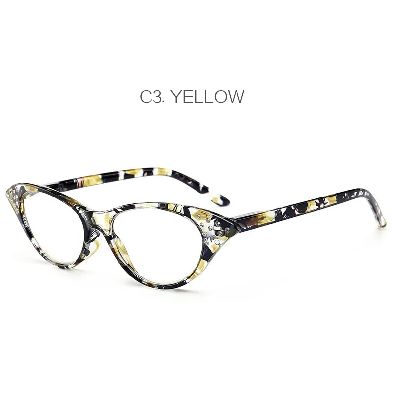 Oulylan Cat Eye Reading Glasses Women Diamond Eyeglasses Presbyopic with Diopter 1.0 1.5 2.0 2.5 3.0 3.5 4.0 for Male Female - Цвет оправы: Yellow