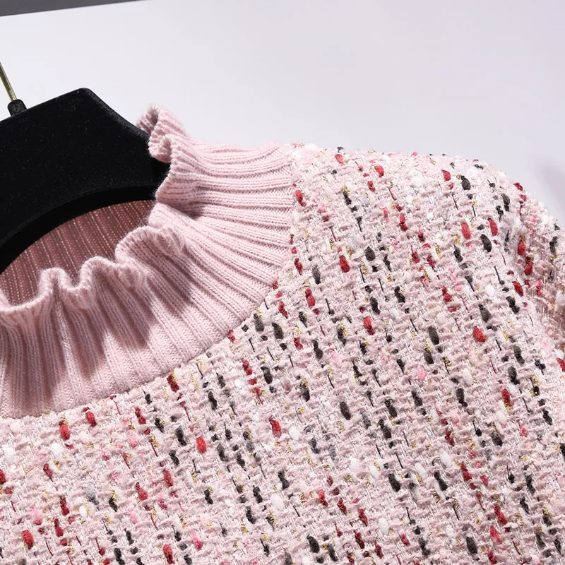 Новинка весны, женский шерстяной пуловер в стиле пэчворк, твидовый Топ с длинным рукавом+ высокая талия, шикарная плиссированная длинная юбка в сеточку, комплект из 2 предметов