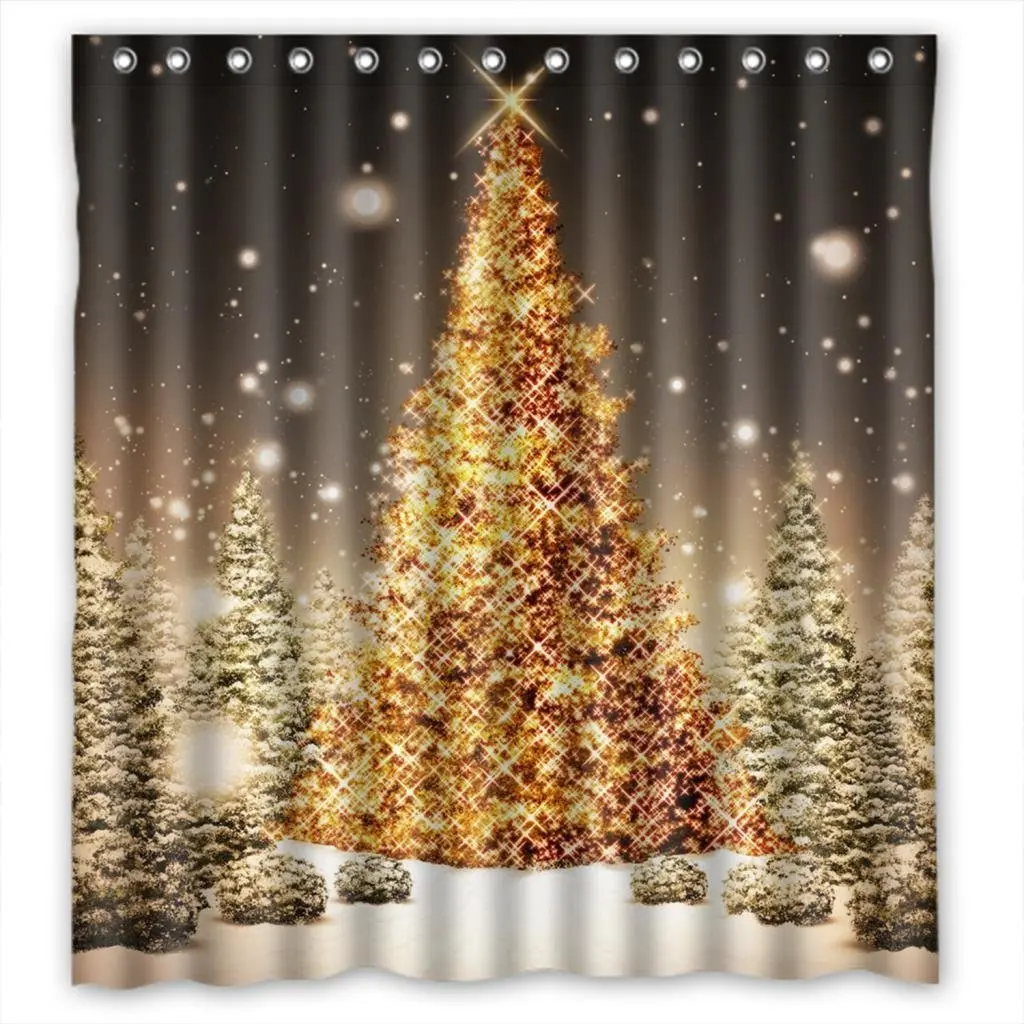 CHARMHOME Merry Christmas Shower Curtain Shining Gold Dressed Trees
