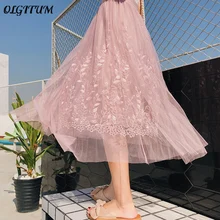 Новая женская юбка миди летняя Цветочная вышивка трапециевидная юбка-пачка кружевная сетчатая юбка Высококачественная элегантная Тюлевая Длинная женская плиссированная юбка