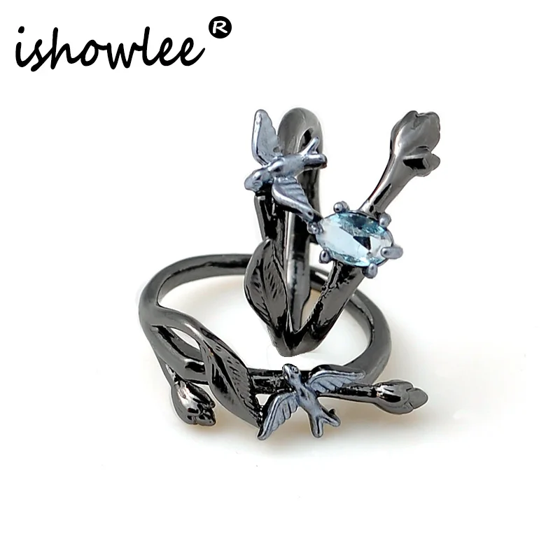 

ISHOWLEE Black Vintage Tree Leaf&Birds Blue Crystal Ring Set Fashion Punk Party Rings Gifts for Women Luxury Brand Jewelry jzb52