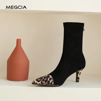 

MEGCIA 2019 Ladies Pointed Toe Ankle Boots Women Stiletto High Heel Stocking Stretch Boots Horsehair Leopard Shoes Black MA930