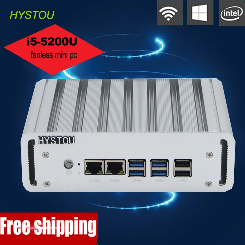  Hystou fanless mini pc Intel core i5 5200u Windows8 HTPC Windows 10 with wifi 1lan 1HDMI USB 2rj45 com ports mini computer  
