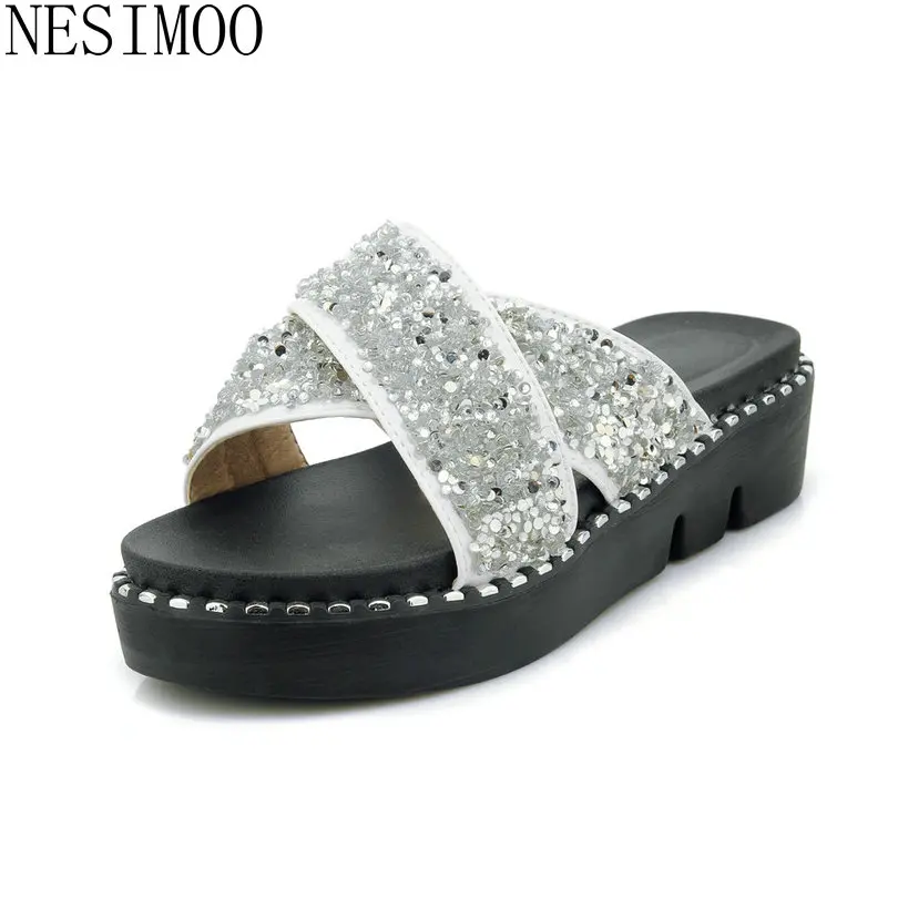 

NESIMOO 2018 Women Sandals Wedges Heel Pu Leather Bling All Match Round Toe Women Shoes Platform Women Sandals Size 34-43