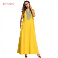 Women Plus Size Clothing 4XL Abaya Kaftan Muslim Long Dress Caftan Islamic Dresses Dubai Fashion Yellow Embroidery Turkey Robe