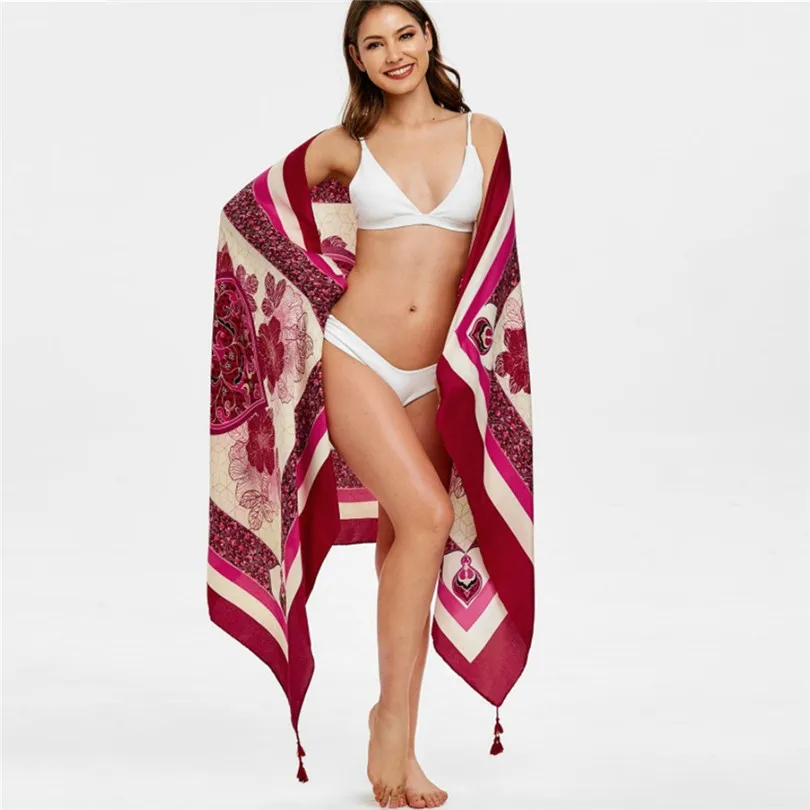 New Summer Women Beach Skirts 2019 Long Hippie Flowers Printed Elastic Waist Beach Towel Cloak Skirt #E11 (23)