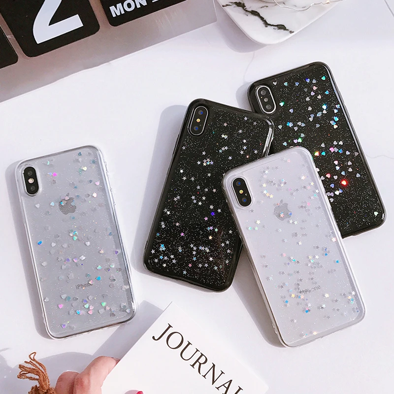 Цветные блестящие чехлы для телефонов с сердечками iphone XS Max X XR 6 6S 7 8 Plus мягкий
