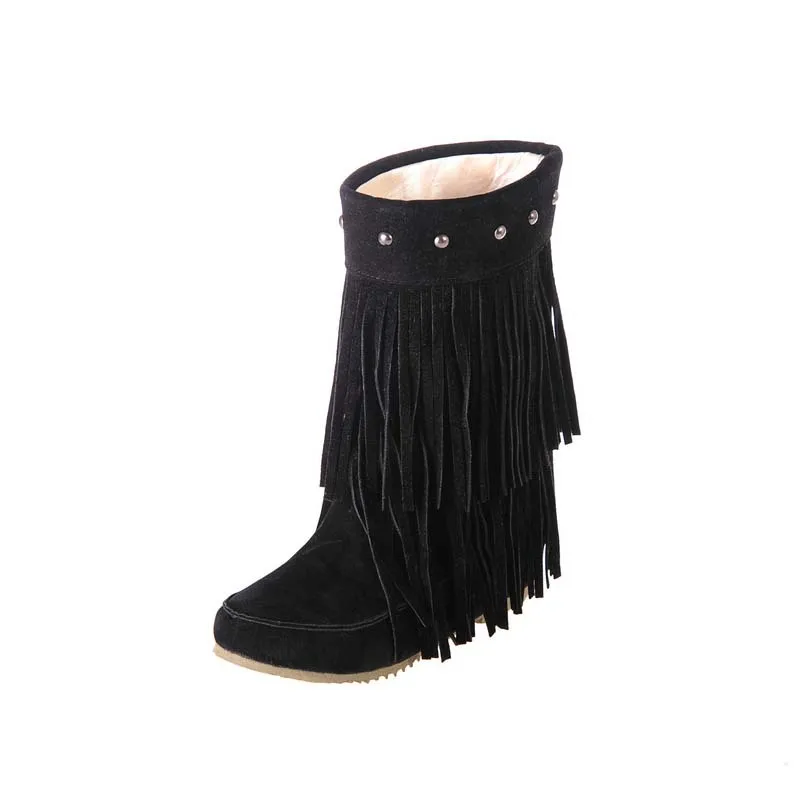 Big Size 34-43 Women's 3 Layer Fringe Tassels Decoration Rivets Low Heel Winter Boots Mid-Calf snow boots Shoes
