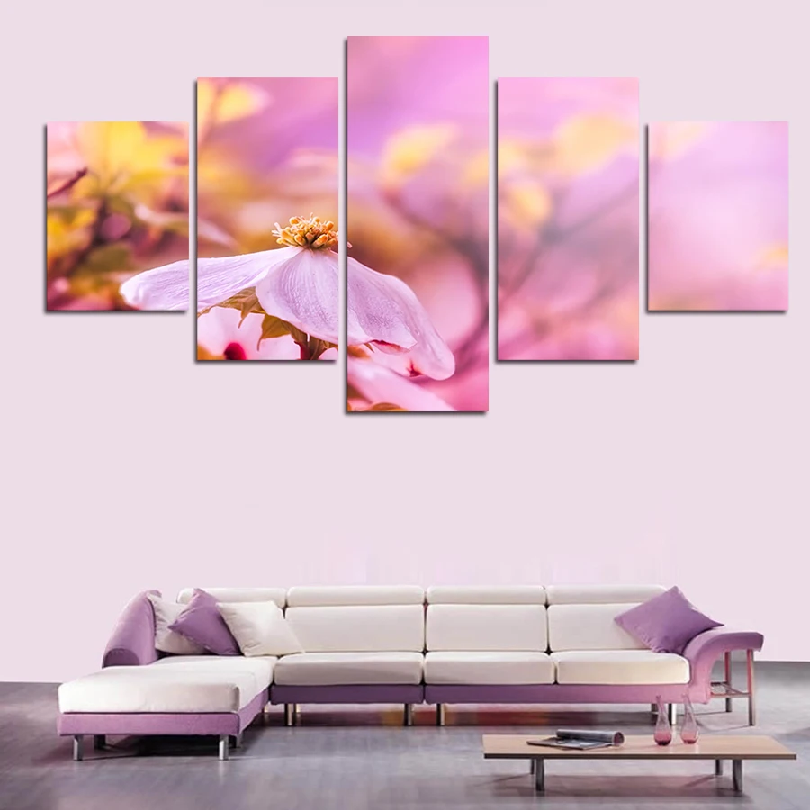 Frameless 5 Panels Beautiful Pink Flowers Large Hd Picture Modern Home Wall Decor Canvas Print