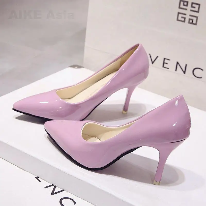 Pink 8CM Популярная женская обувь; туфли-лодочки с острым носком; модельные туфли из лакированной кожи на каблуке; свадебные туфли-лодочки; zapatos mujer; цвет красный, синий, красный, черный, абрикосовый - Цвет: Pink 8CM