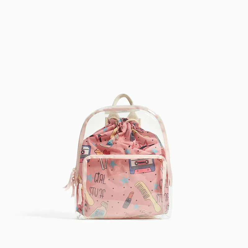 

Fashion Waterproof Women Backpack Female PVC Transparent Summer School Bag for Teenage Girls Teen Kids Printing Cute Travel Bag