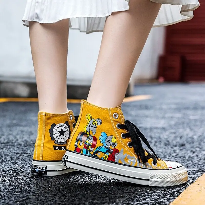 

2019 Fashion Street Yellow Women High Top Vulcanized Sneakers Plimsolls Cartoon Graffiti Flat High Canvas Shoes Casual for Girls