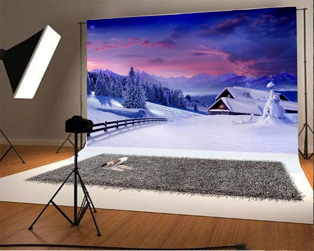 

Photography Backdrop Snow Covered Landscape Elegant Mountain Ric Village House Wooden Fence Trees Winter Scene Merry Christmas