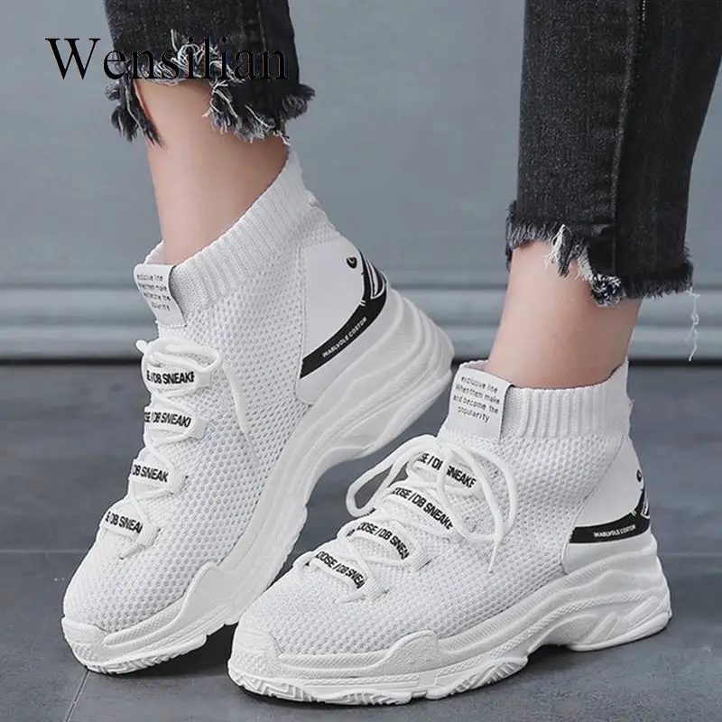 Women Platform Sneakers Chunky White Sneakers Slip On Sock Shoes Spring ...