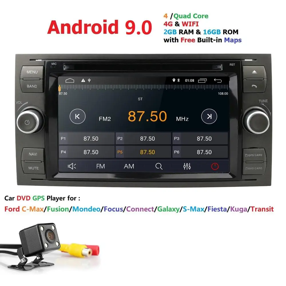 

7Inch 2din Android 9.0 Car DVD Player For C-Max Connect Fiesta Fusion Galaxy Kuga Mondeo S-Max Focus dsp ips am/fm rds dvr cam