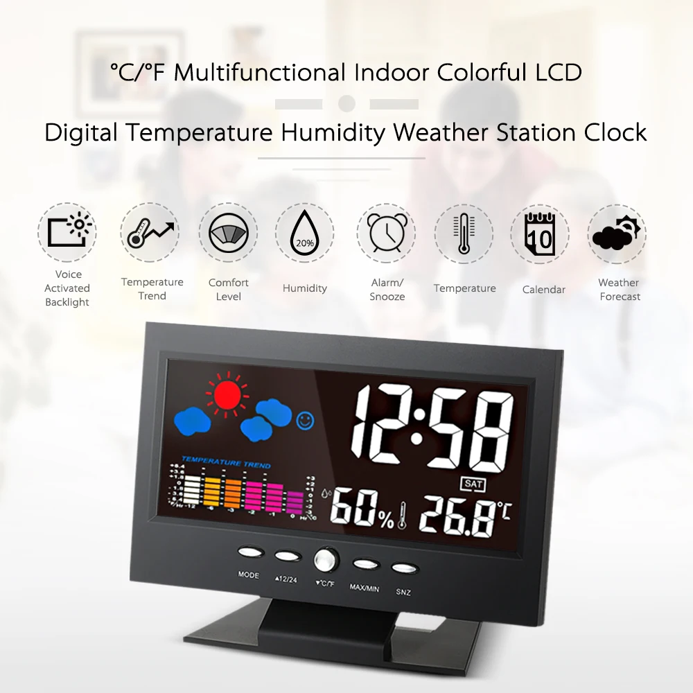 Черный Многофункциональный температура и влажность электронные часы барометр цветной дисплей погода колокол Звук управление часы