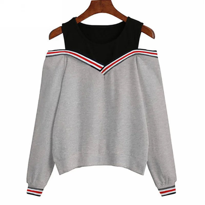  Female Jumper Sweatshirt Off Shoulder Patchwork Hoodies Top Autumn Winter Crew Neck Pullovers Track