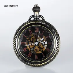Черный золотой механические стимпанк Скелет римскими цифрами карманные часы ручной обмотки Цепочки и ожерелья Fob цепи Для женщин Для