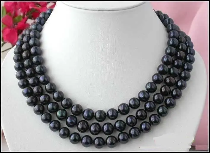 

FREE SHIPPINGEXQUISITE 3 ROW 8-9MM BLACK TAHITIAN PEARL NECKLACE 16-18 INCH SHELL CLASP