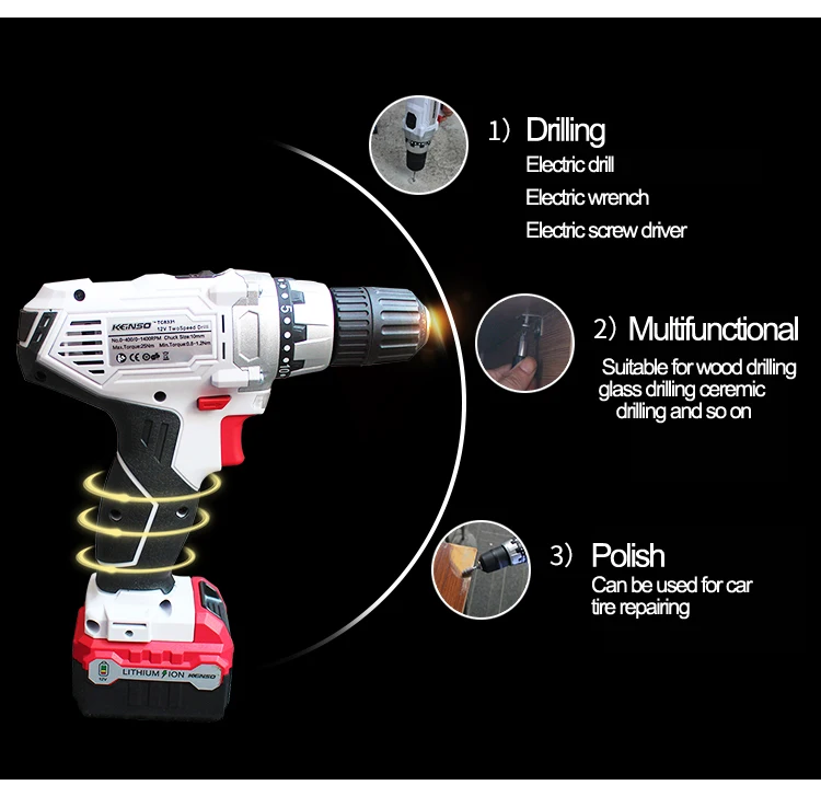 Keinso 12 В угловая шлифовальная машина электрическая дрель светодиодный светильник пылесос электрическая пила с двумя литиевыми батареями и одним зарядным устройством