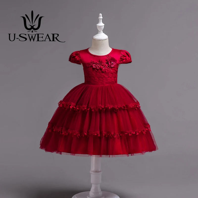 U-SWEAR 2019 Новое поступление Кружевные Платья с цветочным узором для девочек Флора аппликация с круглым вырезом короткий рукав для девочек в
