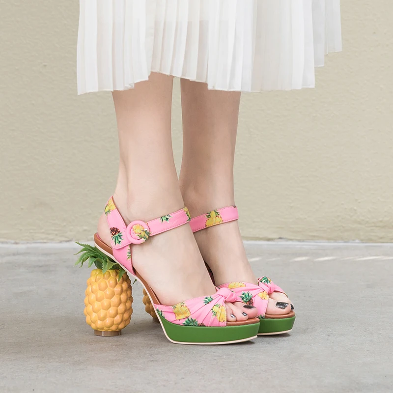Rimocy/босоножки на высоком каблуке 12 см; женская обувь на танкетке в пляжном стиле с принтом ананаса; туфли-лодочки с открытым носком; Mujer; обувь из натуральной кожи