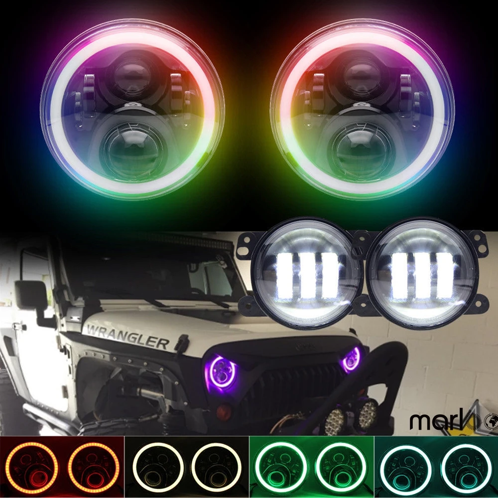 

Marloo LED RGB Halo 7 Inch Headlight Bluetooth App Control W/ 4" Led Fog Light Kit Combo For Jeep Wrangler JK 2007-2017