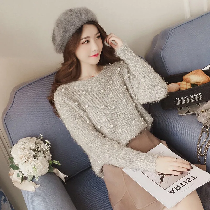 Vangull Pearl Beading O Neck Sweater Sweet Women Pullovers Knit Jumper Long Sleeve Casual Solid Sweater Pull Femme Autumn 2019