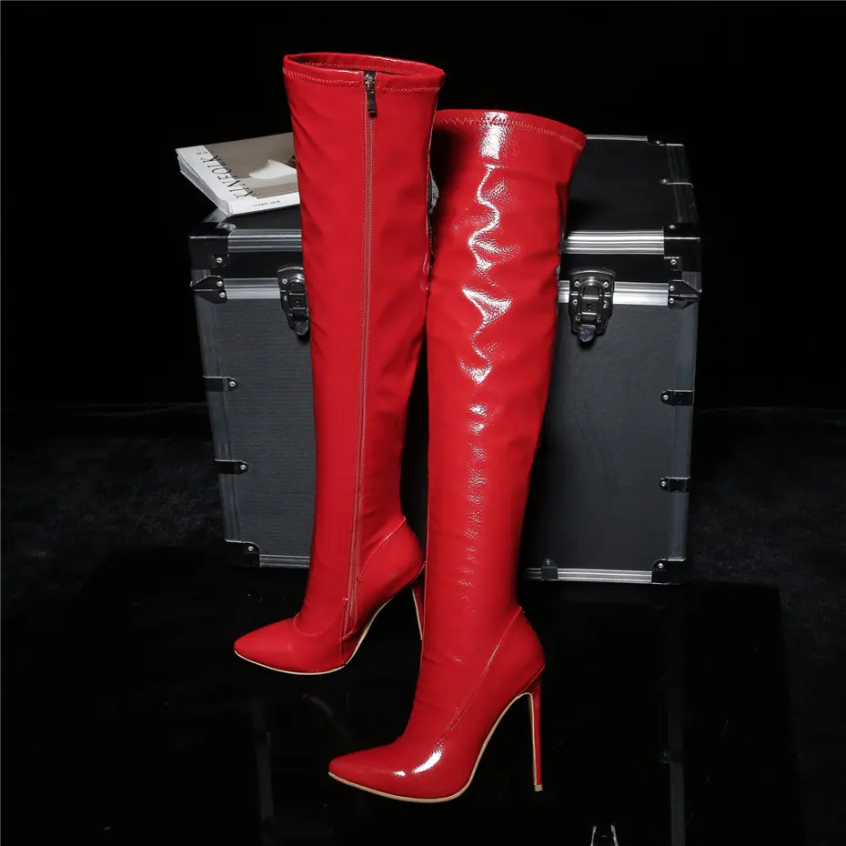 Лакированная кожа женские облегающие высокие сапоги; пикантные женские танцевальные острый носок тонкий Спайк Высокий каблук-шпилька красная застежка-молния длинная Сапоги выше колен(ботфорты