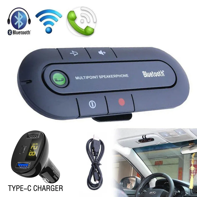 

Bluetooth Handsfree Car Kit Wireless Bluetooth Speaker Phone Bluetooth Receiver Dual-USB Adapter Splitter Type-C Car Charger