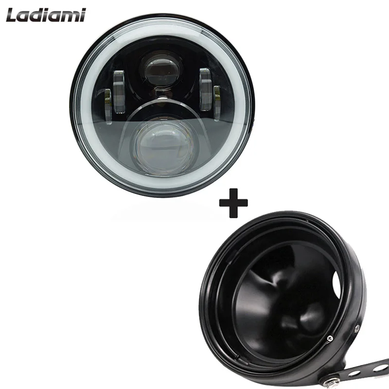 

Ladiami 7 Inch 80W DOT SAE E9 Motorcycle Headlamp with angle eye Led Headlight and 7inch Shell Housing Headlight Brackets