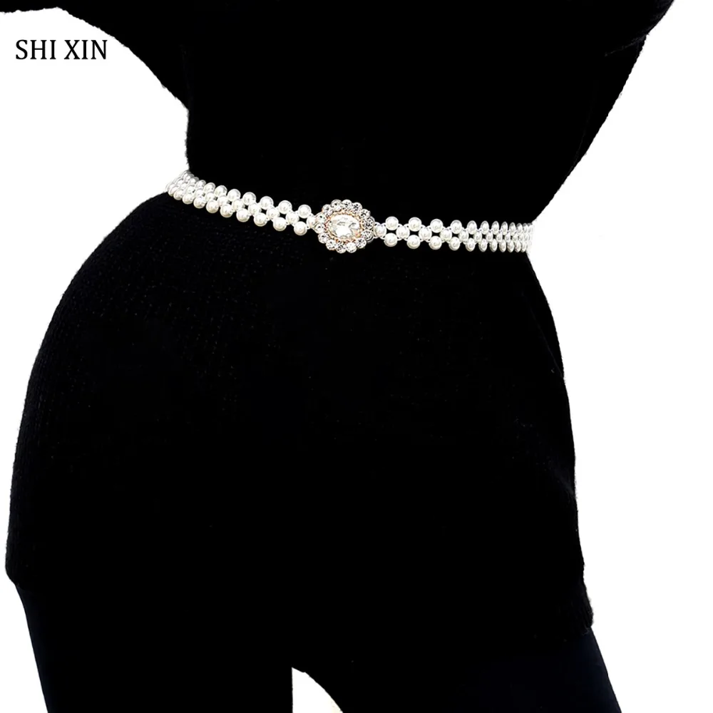 

SHIXIN Charms Crystal Bow Clasp Pearl Elastic Waistband Belt Women Fashion Elegant Waist Chain Clothing Dress Decoration Jewelry