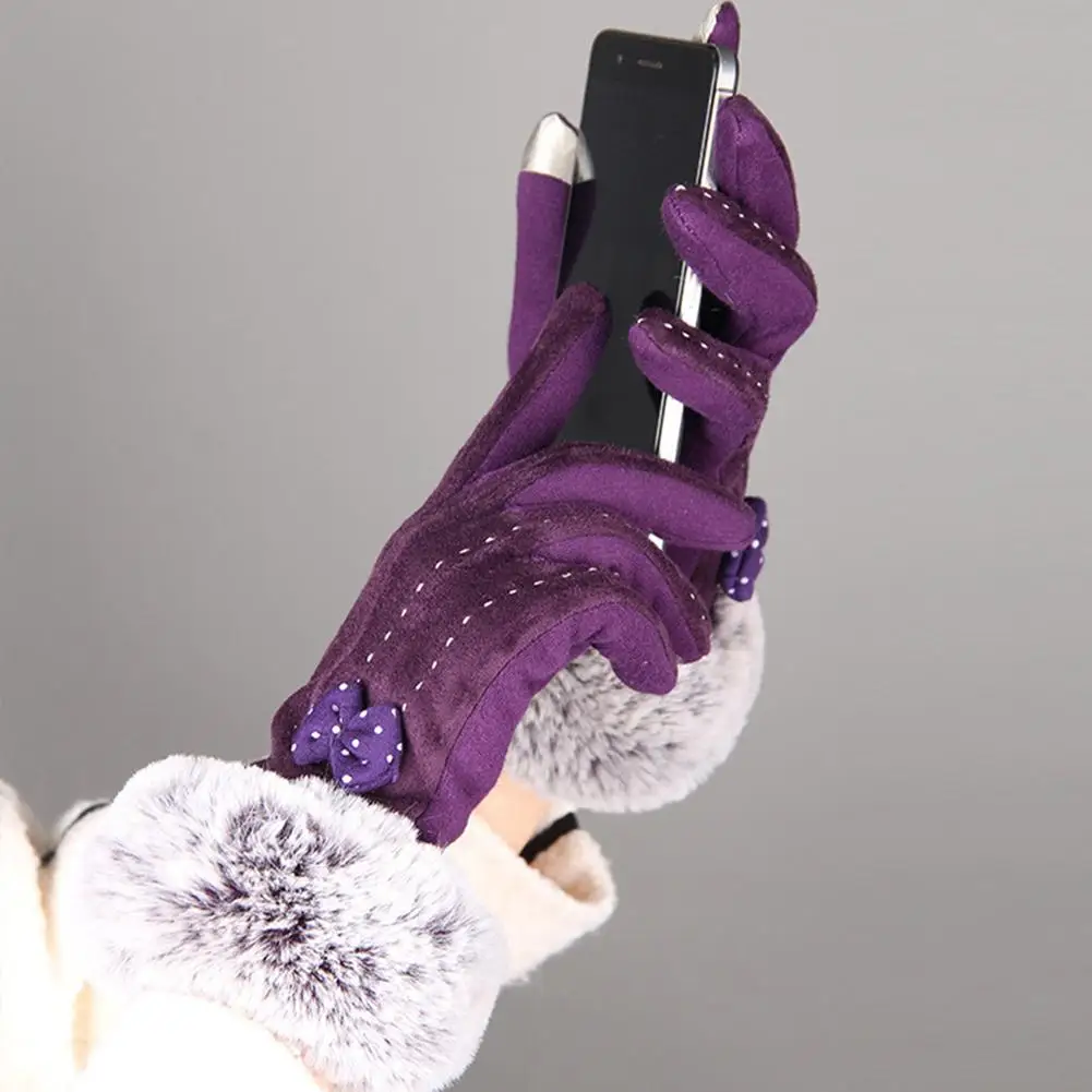 Женские зимние теплые плюшевые перчатки с бантом для телефона с сенсорным экраном