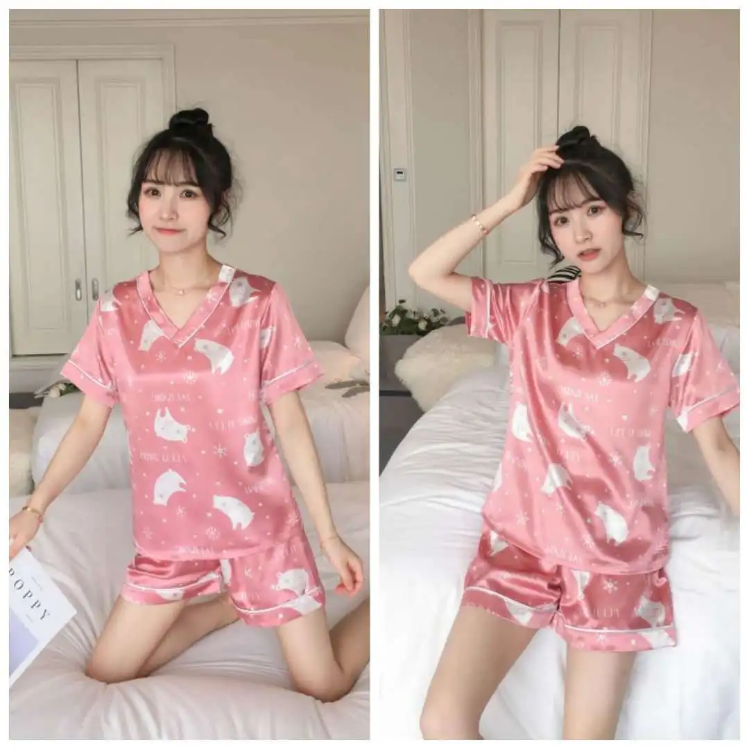 Pajama girls summer ice silk short sleeves two pieces of suit Korean fresh sweet lovely students thin silk home clothes