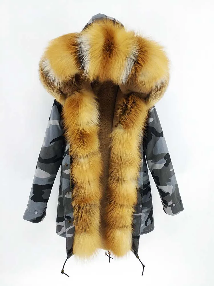 Зимний женский жакет Меховое пальто Воротник мех лисы Капюшон подклад искусственный мех Длинная парка высокое качество мода - Цвет: Red fox fur