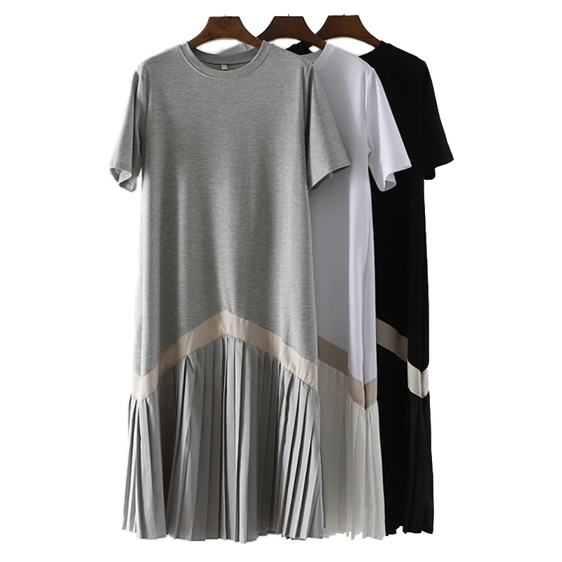 

2019 Spring Hem Ruffles Stitch Loose Dress Women Summer Dress Plus Size Round Neck Short Sleeve Dresses Fashion T Shirt Dress