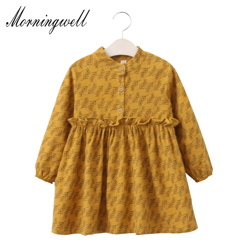 

Morningwell autumn & winter girls dress full leaves printed long sleeve baby dress Korean fashion cotton kids dresses for girls