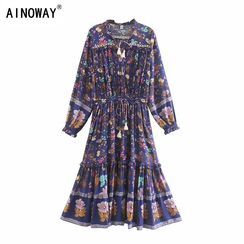 

Vintage chic women floral print long sleeve tassel ruffles beach Bohemian midi dresses Ladies loose v-neck rayon Boho dress