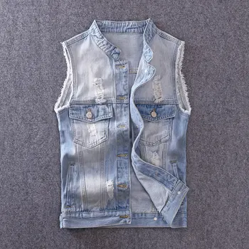 

2019 Fashion Streetwear Men Vest Light Blue Slim Fit Ripped Sleeveless Jacket Men Korean Style Hip Hop Vest chalecos para hombre